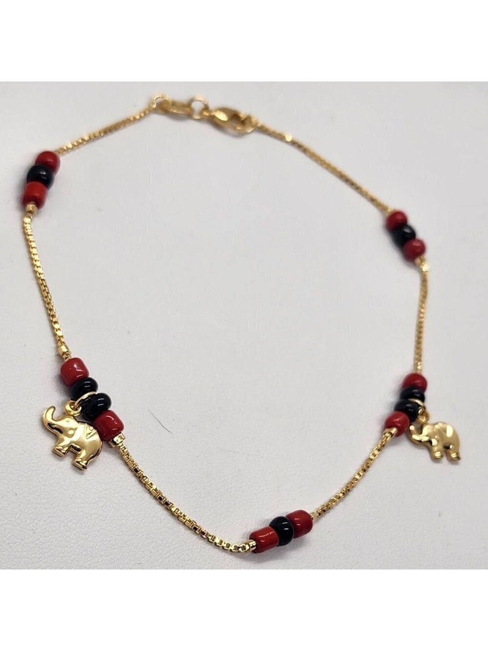Brand New Brazilian 18k Gold Filled 2 Elephants red/black Beaded Anklet - Picture 1 of 4